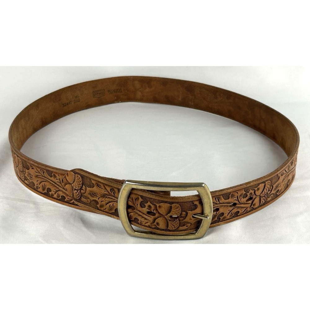 Vtg Sears Brown Tooled Leather Belt Mens Size 38 Gold Tone Buckle Leaves Acorn